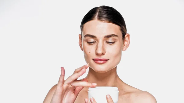 Young Woman Holding Jar Cosmetic Cream Isolated White — Stock Photo, Image