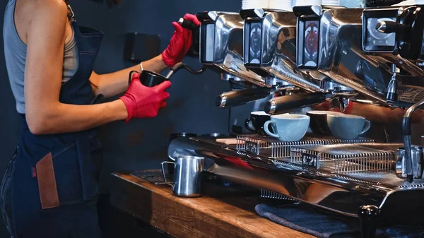 Cropped View Barista Latex Gloves Holding Pitcher Steam Wand — Stock Photo, Image