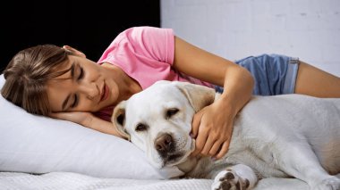 young woman lying on bed and cuddling golden retriever  clipart