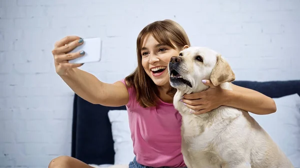 Gelukkig Jong Vrouw Het Nemen Van Selfie Met Golden Retriever — Stockfoto