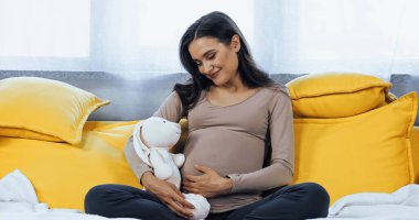 Young pregnant woman holding soft toy while sitting on couch  clipart