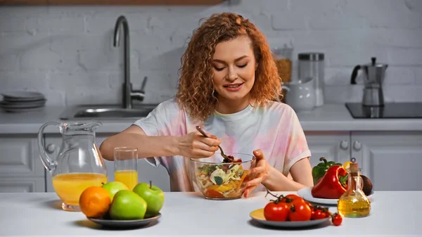 Cheerful Woman Looking Fresh Salad Bowl — Stock Photo, Image
