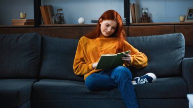 Gülümseyen kızıl saçlı kız kanepede kitap okuyor. 