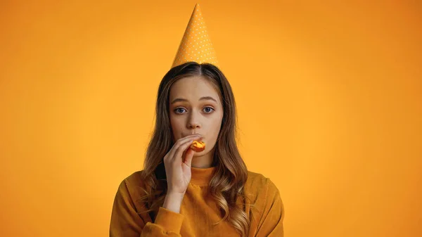 Teenage Girl Party Cap Blowing Party Horn Isolated Yellow — Stock Photo, Image