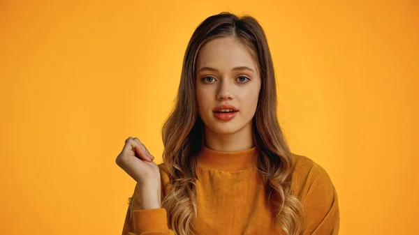 Teenage Girl Sweater Looking Camera Isolated Yellow — Stock Photo, Image