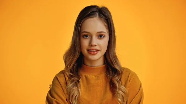 Cheerful Teenage Girl Soft Sweater Looking Camera Isolated Yellow — Stock Photo, Image