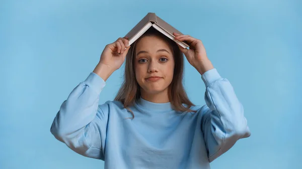 Teenage Girl Soft Sweatshirt Holding Book Head Isolated Blue — Stock Photo, Image