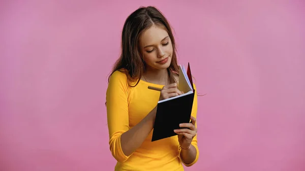 Teenage Girl Writing Notebook Pen Isolated Pink — Stock Photo, Image