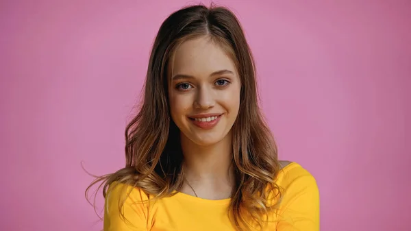 Cheerful Teenage Girl Looking Camera Isolated Pink — Stock Photo, Image