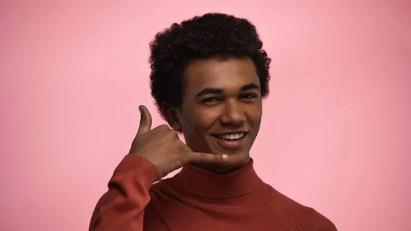 Happy African American Teenage Boy Turtleneck Sweater Showing Call Gesture — Stock Photo, Image