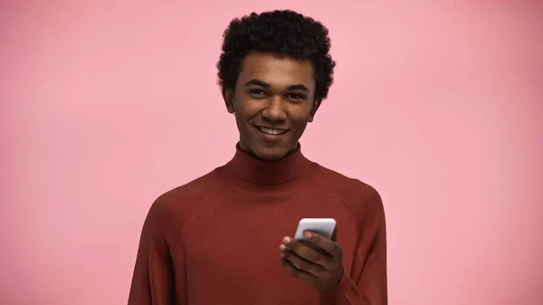 Smiling African American Teenager Turtleneck Sweater Glasses Looking Camera While — Stock Photo, Image