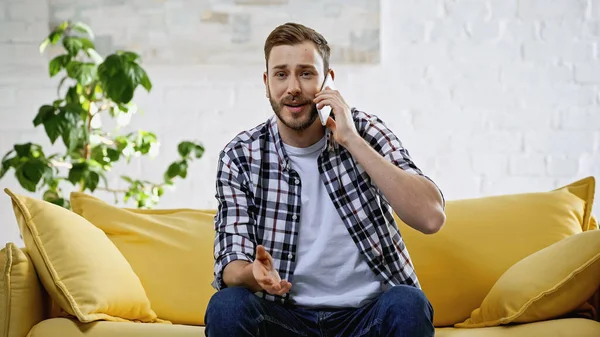 Barbudo Homem Falando Celular Enquanto Sentado Sofá — Fotografia de Stock