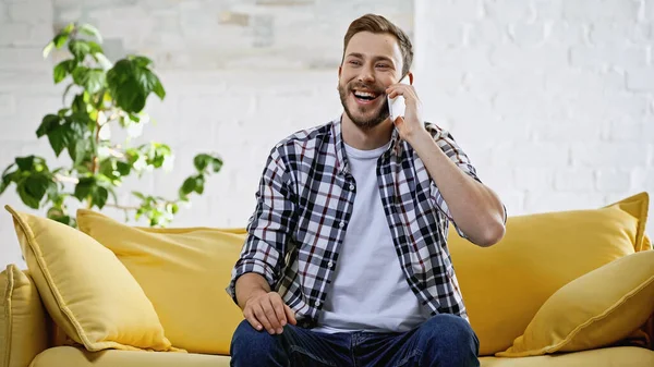 happy man talking on mobile phone and laughing while sitting on couch