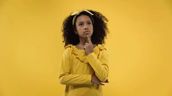 Pensive African American Girl Thinking Isolated Yellow — kuvapankkivalokuva