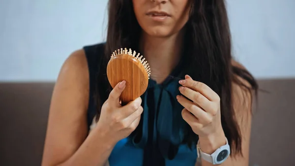 Cropped View Upset Woman Holding Hair Brush — Stock Photo, Image