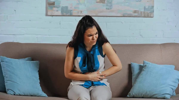 Frustrated Woman Suffering Stomach Ache Home — Stock Photo, Image