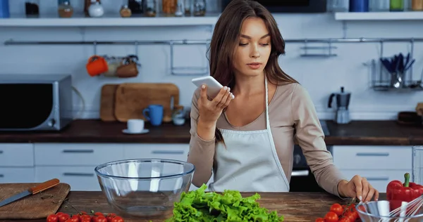 woman using voice assistant while holding smartphone near ingredients