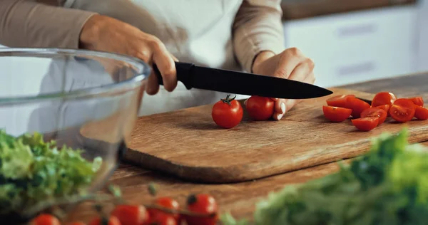 Cropped View Woman Cutting Cherry Tomatoes Chopping Board — Stock Photo, Image