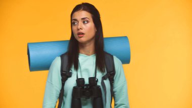 Sırt çantalı, spor minderli ve dürbünlü kayıp gezgin sarıya bakıyor.
