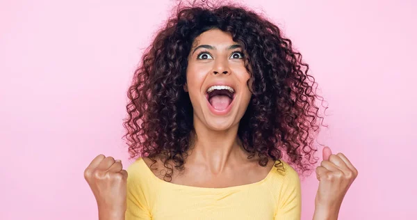 Amazed Young Woman Celebrating Triumph Isolated Pink — Stock Photo, Image