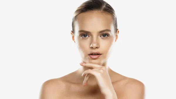 Young Woman Bare Shoulders Clean Face Looking Camera Isolated White — Stock Photo, Image