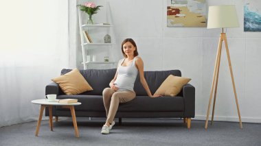 Modern oturma odasındaki kanepede oturan hamile bir kadının uzun bir görüntüsü.