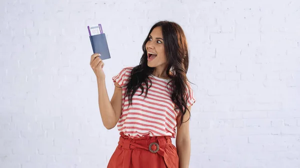 Amazed Woman Holding Passport Air Ticket — Stock Photo, Image