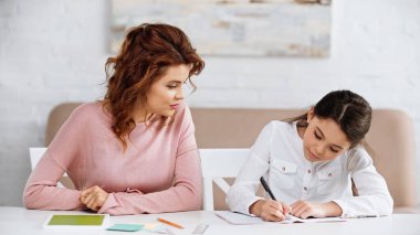 Çocuk evde dijital tablet ve annesinin yanında ödev yapıyor. 