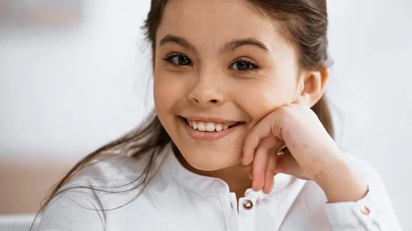 Positive Preteen Kid Smiling Camera — Stock Photo, Image