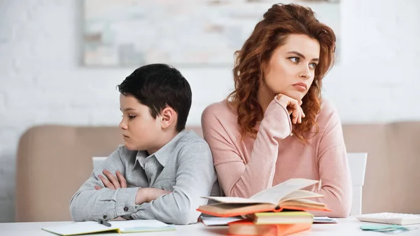 Sad Woman Sitting Son Home Education — Stock Photo, Image