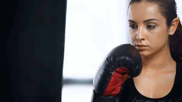 Deportista Enfocada Entrenamiento Guante Boxeo Con Saco Boxeo Gimnasio —  Fotos de Stock