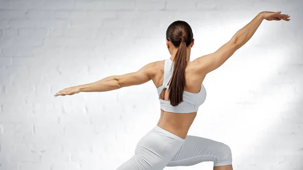 Sportswoman White Sports Top Exercising Home — Stock Photo, Image