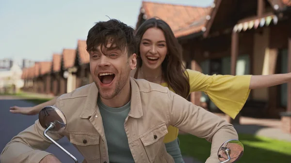 Cheerful Man Riding Motorcycle Excited Woman — Photo