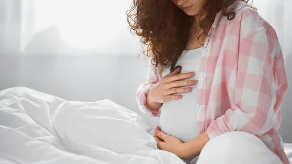 Partial View Curly Pregnant Woman Touching Belly — Stock Photo, Image