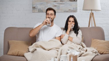 sick woman with napkin near smiling man drinking water in living room 