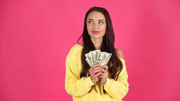 Thoughtful Young Adult Woman Holding Dollar Banknotes Hands Isolated Pink — Stock fotografie