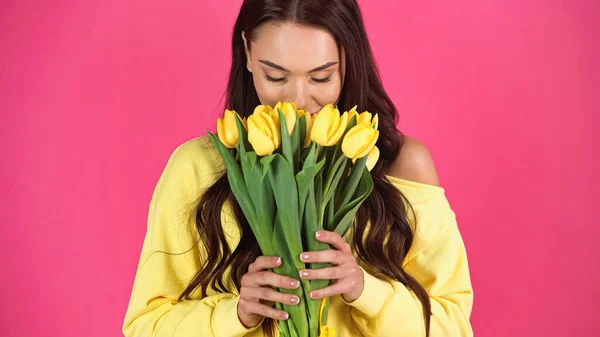 Young Adult Woman Smelling Bouquet Tulips Isolated Pink —  Fotos de Stock