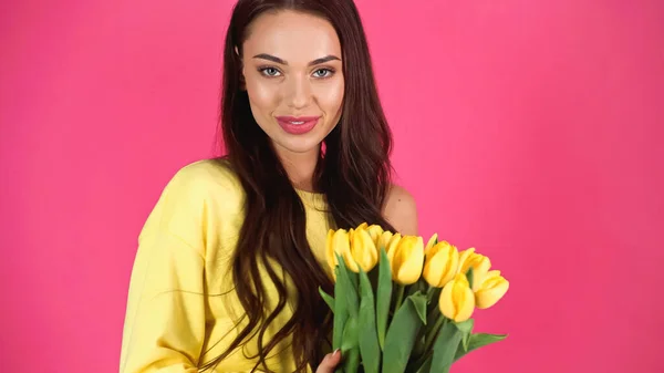 Smiling Young Adult Woman Holding Bouquet Tulips Isolated Pink — 图库照片