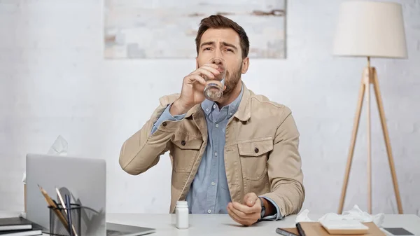 Allergic Businessman Taking Pill Drinking Water Laptop Desk — 图库照片