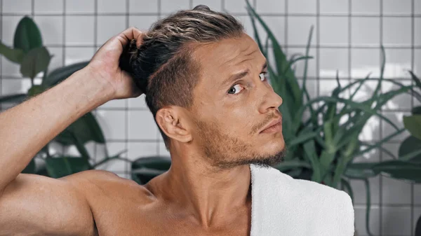 Shirtless man styling hair near green plants on blurred background in bathroom — Stock Photo