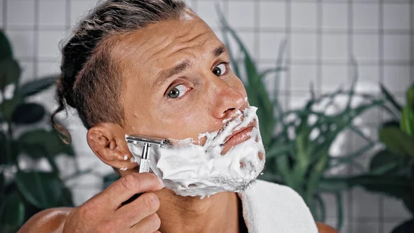 Man with shaving foam on face holding razor while looking at camera near plants on blurred background — Stock Photo