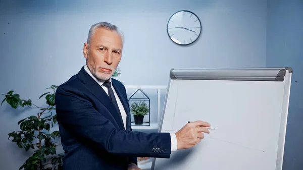 Senior-Geschäftsmann mit Filzstift blickt im Büro in die Kamera neben Flipchart — Stockfoto