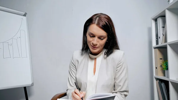 Empresária em uso formal escrevendo no notebook perto de flipchart com gráficos no escritório — Fotografia de Stock