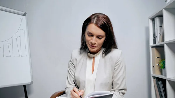 Empresaria en ropa formal escribiendo en cuaderno cerca de rotafolio con gráficos en la oficina - foto de stock