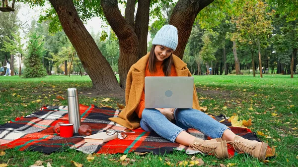 Улыбающийся фрилансер, работающий на ноутбуке, сидя на клетчатом одеяле в парке — стоковое фото