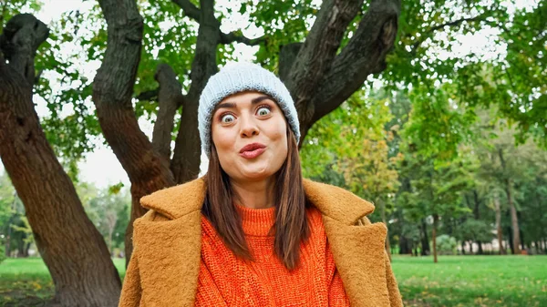 Femme excitée avec expression folle du visage regardant la caméra dans le parc — Photo de stock