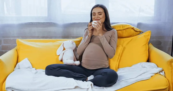 Pleased pregnant woman with cup sitting near soft toy on sofa — Stock Photo