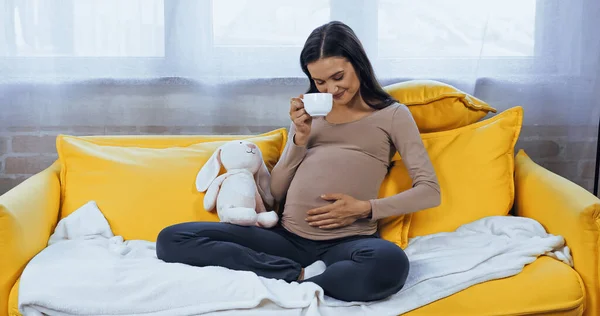 Mujer embarazada con taza mirando el vientre cerca de juguete suave en la sala de estar - foto de stock