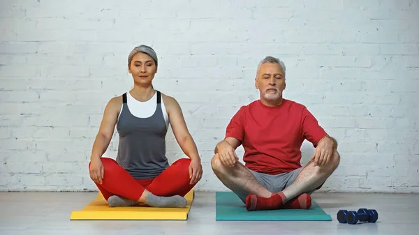 Pareja multicultural de ancianos meditando en colchonetas de fitness - foto de stock