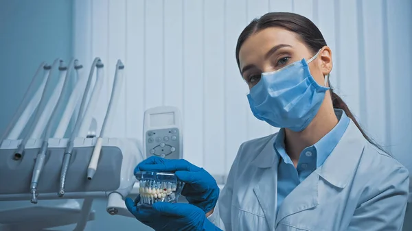 Dentista em máscara médica mostrando modelo de dentes perto de equipamentos odontológicos em fundo turvo — Fotografia de Stock